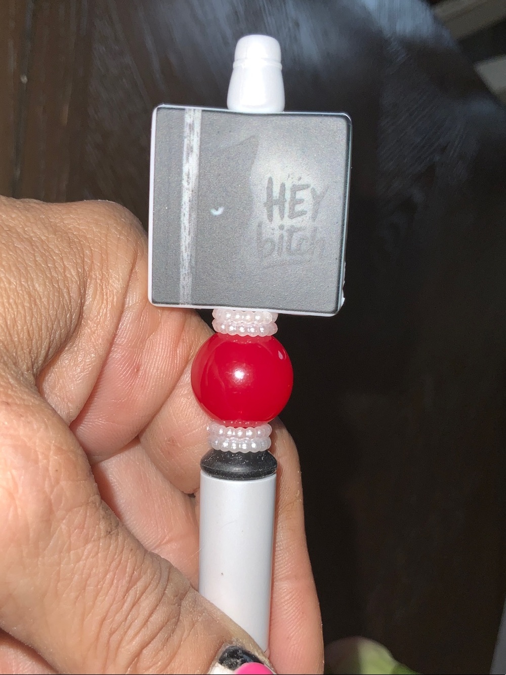 BLACK AND WITH ADULT NOVELTY PEN with BLACK CAT W/ QUOTE &Red Bead Accent